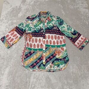Chico's Women's 100% Linen Button‎ Up 3/4 Sleeve Printed Shirt US size 4-6